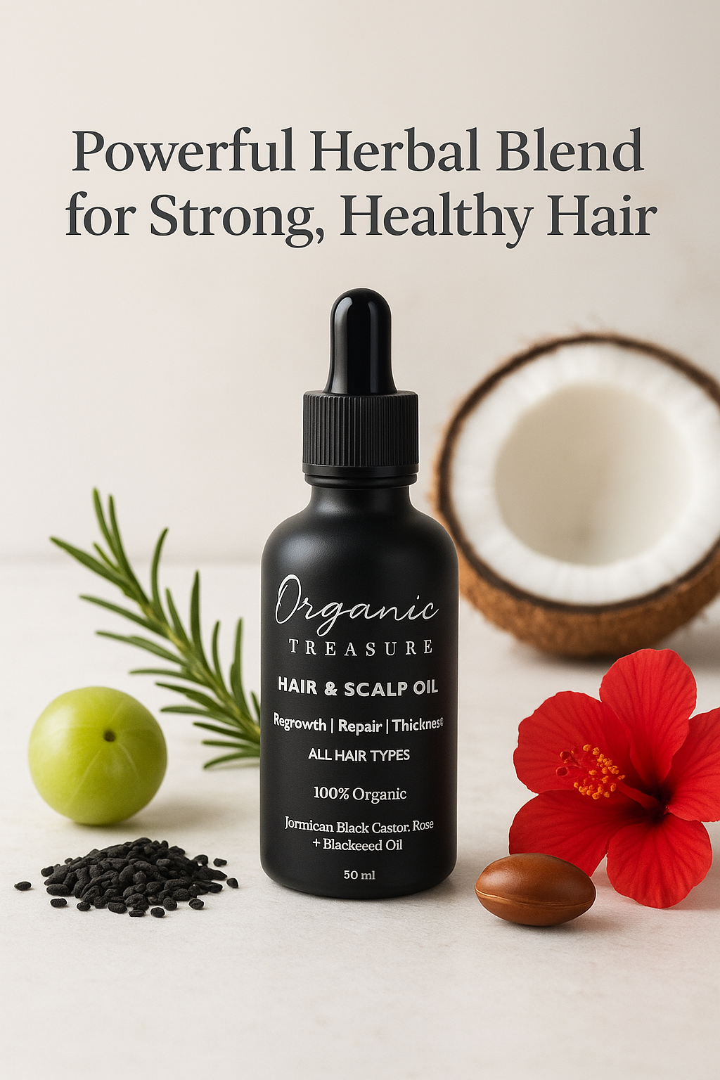 Ingredients in Organic Hair Growth Oil: Jamaican Black Castor, Argan, Amla, Coconut, Almond, Rosemary, Blackseed, Avocado, Olive, Vitamin Blend, Sweet Almond, Castor, Jojoba, Lavender, Ginger, Grapeseed, Caffeine, Tea Tree, Baobab, Ylang-Ylang oils